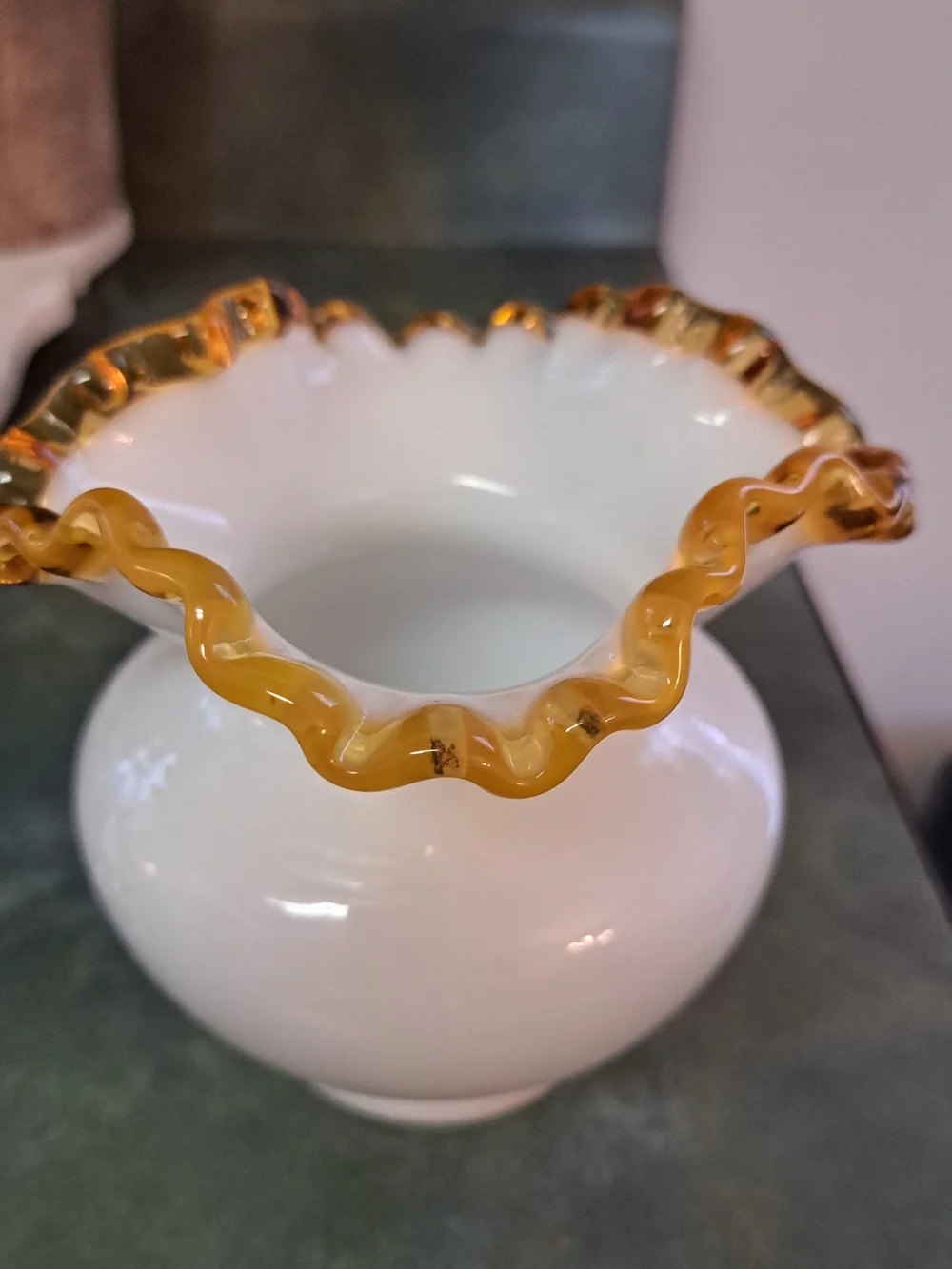Fenton White and Amber Ruffled Glass Vase - Elegant Home Accent
